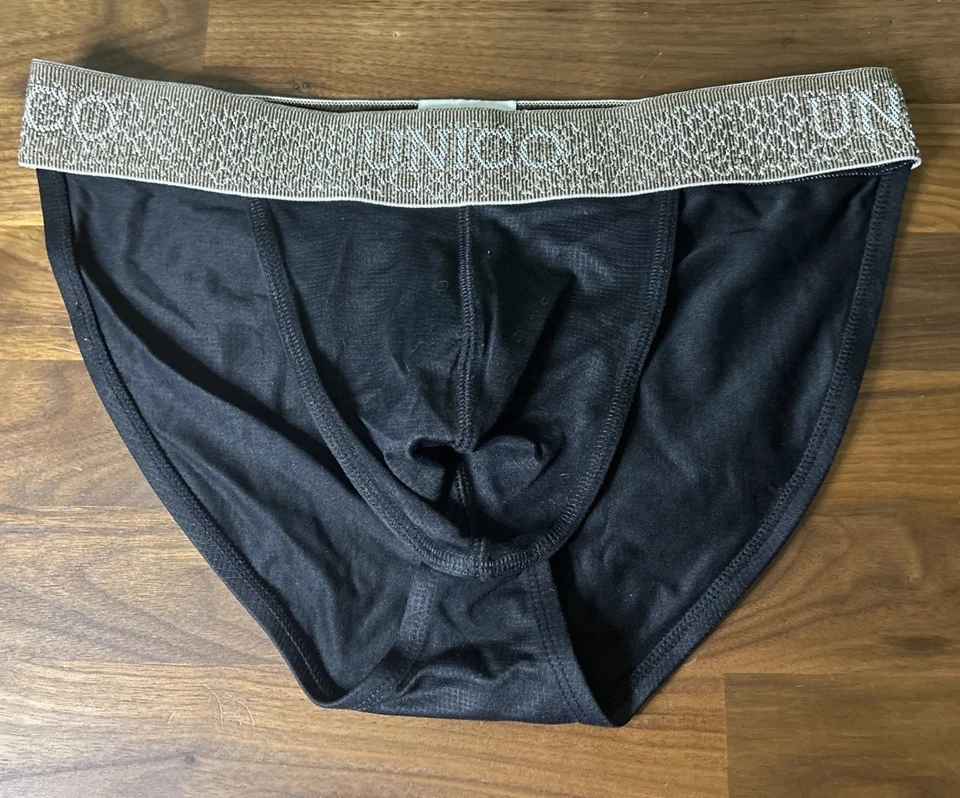 Vtg Unico String Bikini Briefs Sz L Black  Briefs Thick Band Nylon Second Skin - Image 1 of 4