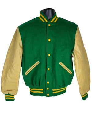 Chaqueta DeLong Letterman De Colección Talla 36 Verde/Dorado Nueva Sin Etiquetas Años 80 Lana Cuero Foto 1 de 4