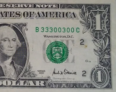 (( BINARY )) $1 2001 (( 33300300 )) FANCY SERIAL # ** PAPER CURRENCY - Image 1 of 3