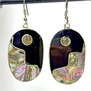 Earrings Shell Inlay Iridescent Alpaca Mexico Silver Onyx Dangle Drop Hook RARE - Picture 1 of 21