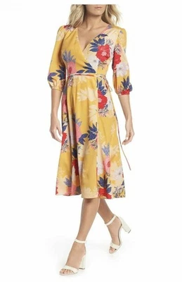 Vestido midi envolvente sintético de chifón floral de otoño Eliza J para mujer talla 2 nuevo con etiquetas cintura atada Foto 1 de 4