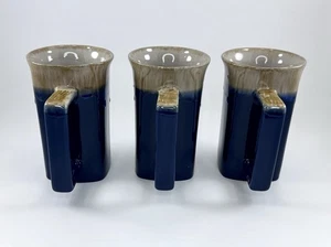 3er Set Tropfglasur eckige Henkelbecher blau beige Keramik modern Kaffeetassen - Bild 1 von 5