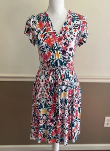 Soma Surplice Floral Dress SMALL Multicolor Short Sleeve Whimsical Belt Pockets - Picture 1 of 10