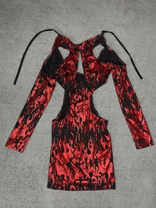 Minikleid mit Flammenmuster und Cutout Langarm rot schwarz Stretch Halloween - Bild 1 von 4