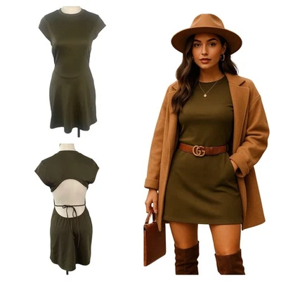 Silence + Noise Olive Green Open Back Tie Mini Dress M Medium NWOT - Image 1 of 4
