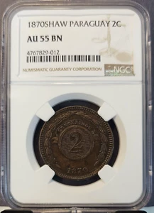 1870 PARAGUAY 2 CENTESIMOS 2C NGC AU 55 BN VERY SCARCE HIGH GRADE BEAUTY - Picture 1 of 3