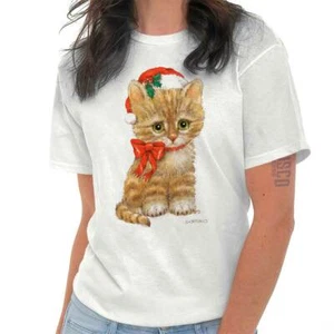 Cute Christmas Santa Claus Kitten Xmas Bow Womens Graphic Crewneck T Shirt Tee - Picture 1 of 8