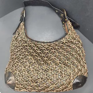 Golden crochet hobo bag bronze vegan leather woven metallic knit web retro comfy - Picture 1 of 15