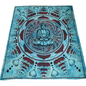 Tagesdecke Bettüberwurf Überwurf Baumwolle Dekotuch Buddha Lotus Türkis Blau XL - Bild 1 von 4