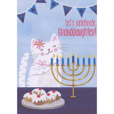 White Cat Pink Collar Flower on Head Menorah Hanukkah Card for Granddaughter - Image 1 of 2
