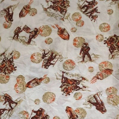 Vintage 1970s Moon Landing Astronauts Novelty Print Fabric Cotton Flannel 1 YD+ - Image 1 of 4