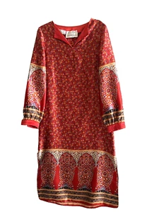 Vintage Marina Ferrari Italy Saks Vintage 100% Seide Kaftan Kleid Rot Floral S/M - Bild 1 von 5