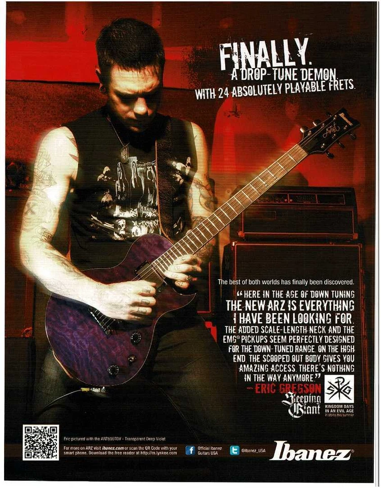 Guitarra eléctrica IBANEZ ARZ 2011 violeta Eric Gregson anuncio de revista Sleeping Giant Foto 1 de 1