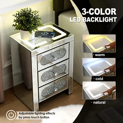 Mirrored Nightstand End Table Wireless Charging Station,LED Lights,USB,3-Drawers - Image 1 of 4