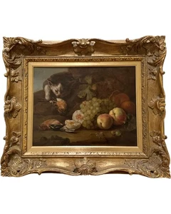 Antique 19th Century Framed Oil Still Life Cat Fruit Bird Painting English - Picture 1 of 12