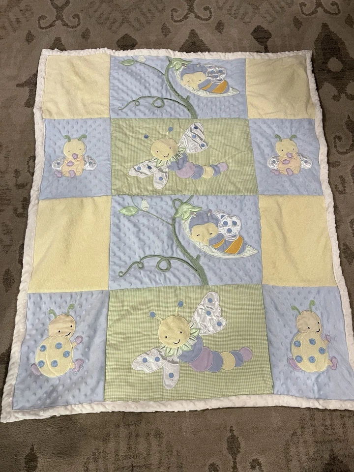 Manta Edredón Bebé Vintage Línea Infantil Minky Dot Cuadrado Bichos Amarillo Azul Verde Foto 1 de 2