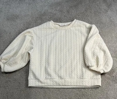 Camisa Karlie texturizada malha cabo inchada manga 3/4, feminina marfim média top - Imagem 1 de 4