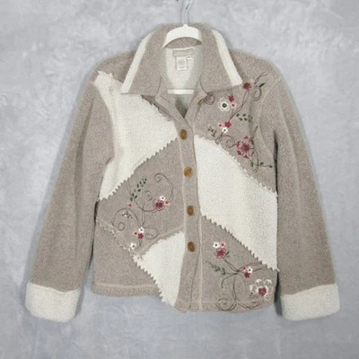 Coldwater Creek Embroidered Floral Sherpa Fleece Jacket Beige Womens Medium M - Image 1 of 4