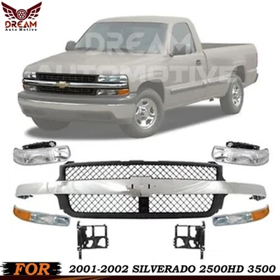 Front Grille & Headlight Pair Kit For 2001-2002 Silverado 2500 HD Silverado 3500 - Image 1 of 4