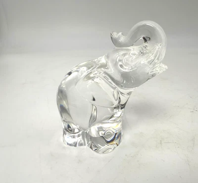 Steuben Lucky Trunk Up Elephant Crystal Glass Hand Cooler Figurine Signed - Image 1 of 4