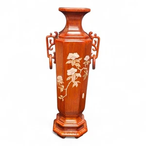 Chinese Wood Mantel Vase Red Mahogany Mother Of Pearl Inlay Flower Design 12" - Picture 1 of 11