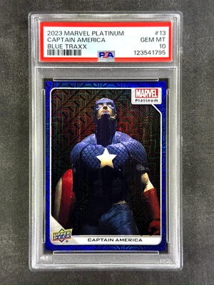 2023 Upper Deck 漫威白金 #13 美国队长蓝色 Traxx /499 PSA 10 宝石 — 第 1/2 张图片