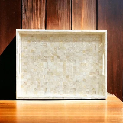 Handmade Decorative Rectangular Mother of Pearl Tray with Mosaic Pattern - Image 1 of 4