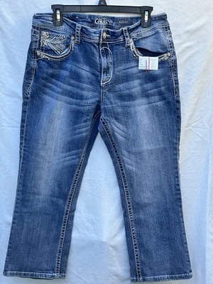 Grace In LA Capri Size 32 Easy Fit Blue Jeans Whispy Pocket Panels 22” Inseam - Image 1 of 4