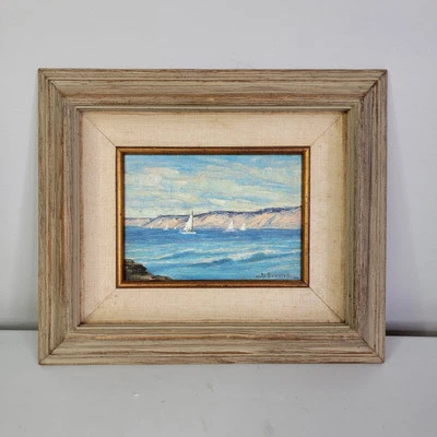 Pintura paisaje marino velero acantilados Al Stetter lienzo mate marco de madera 11x13 Foto 1 de 4