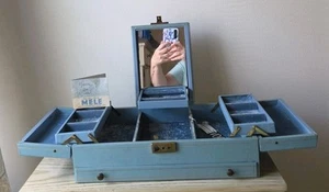 Vintage Mele The Treasure Chest Blue Jewelry Box Velvet Lining Case Vanity Keys - Picture 1 of 21