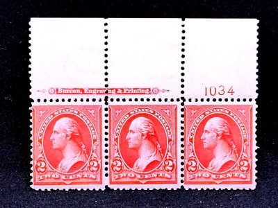 MATT'S STAMPS SCOTT US #279B WASHINGTON 2-CENT MNH/OG STRIP OF 3 w/ PLATE NUMBER - Image 1 of 3