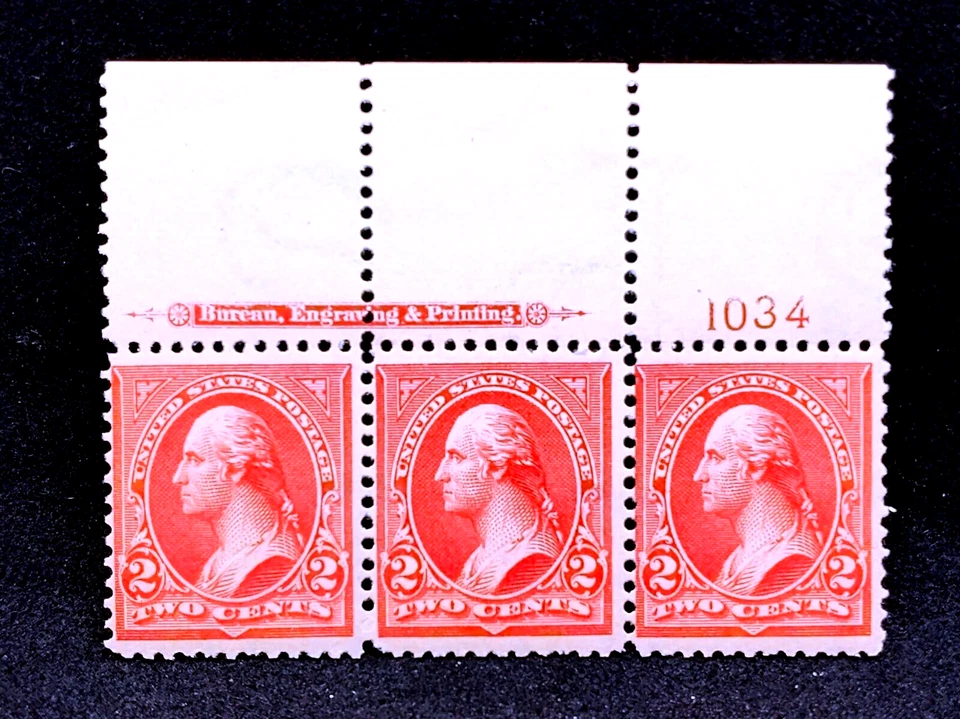 MATT'S STAMPS SCOTT US #279B WASHINGTON 2-CENT MNH/OG STRIP OF 3 w/ PLATE NUMBER - Image 1 of 3