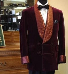 Mens Quilted Smoking Jacket Burgundy Velvet Wedding Coat Frogg Host Wear Blazer - Picture 1 of 4