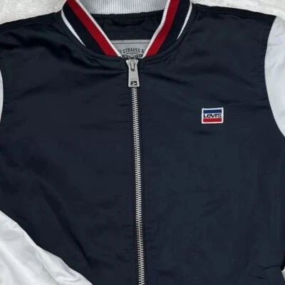 LEVI'S Varsity Bomber Jacket Women’s Medium Full Zip Satin Coat Navy Colorblock - Image 1 of 4