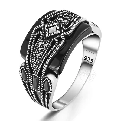Anillo turco para hombre de plata de ley 925 con piedras curvas de ónix y marcasita Foto 1 de 3