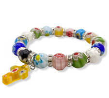 Colorful Agate Stone Beads Rosary Wrist Bracelet Handmade Hanging Cross - Strech