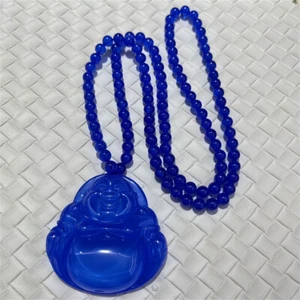 Top quality Lab-Created Blue Bead Star Sapphire+Sapphire Buddha Pendant Necklace - Picture 1 of 5