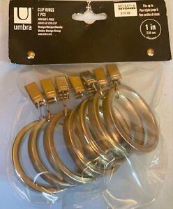 Umbra Silver Curtain Rod Rings with Clip Set of 7 Fits 1" Pole New