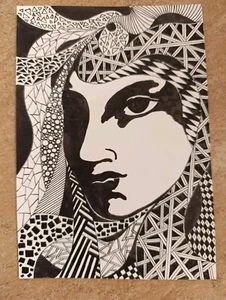 Zeichnung Frau Gesicht Schwarz Weiss 20,9X14,9CM Handgemalt Fantasy Surrealismus - Bild 1 von 4