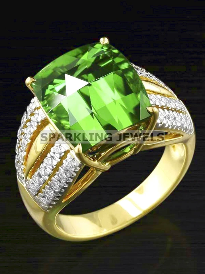 AAA+ Peridot Cushion Cut With 925 Silver Gold Plated Ring For Men #610 - Image 1 of 4