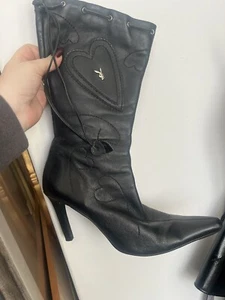 Designer Boots Black Knee Calf Playboy In Leather With Hearts Details - Picture 1 of 5