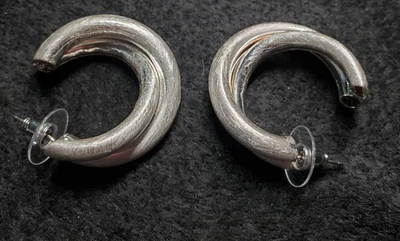 Silver Plated 1.25" Hollow Hoop Earrings Brushed Marked S925 Not Solid - Image 1 of 4