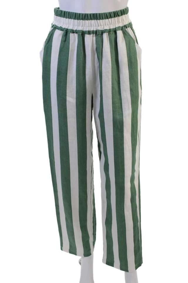 Electric & Rose Women Cropped Striped Linen Pants Green Size S - Image 1 of 4