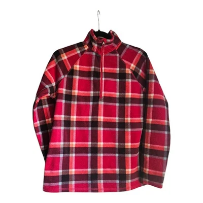 Pullover Eddie Bauer para mujer M cuarto cremallera polar cuello falso rojo a cuadros manga larga Foto 1 de 4