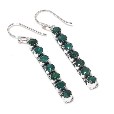 Lab-Created Emerald Gemstone Handmade 925 Sterling Silver Jewelry Earrings - Image 1 of 4