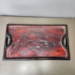 Japanese Iwakuni Kintaikyo Carved Wood Serving Tray with Glass Insert Art Scene - Picture 1 of 17