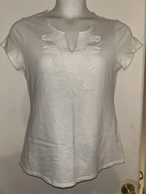 COLDWATER CREEK MUJER TALLA M BLANCO CUELLO EN V CUENTAS MANGA CORTA TOP Foto 1 de 3