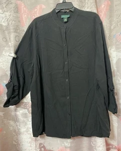 LAUREN RALPH LAUREN Women’s 100% Silk Black Shirt Band Collar Button Down - Picture 1 of 9