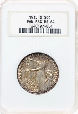 1915-S Pan-Pacific Silver Commemorative Half Dollar -  NGC MS 64 - Cool Tone - Image 1 of 2