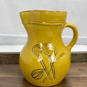 Unmarked Vintage Mustard Yellow Pottery Pitcher Utensil Holder Country Farmhouse - Picture 1 of 10